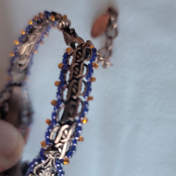 SATELLITE PARIS VINTAGE HIGHLY DETAILED CUFF COPPER BRACELET W/CRYSTALS & PEARLS - Picture 6 of 9